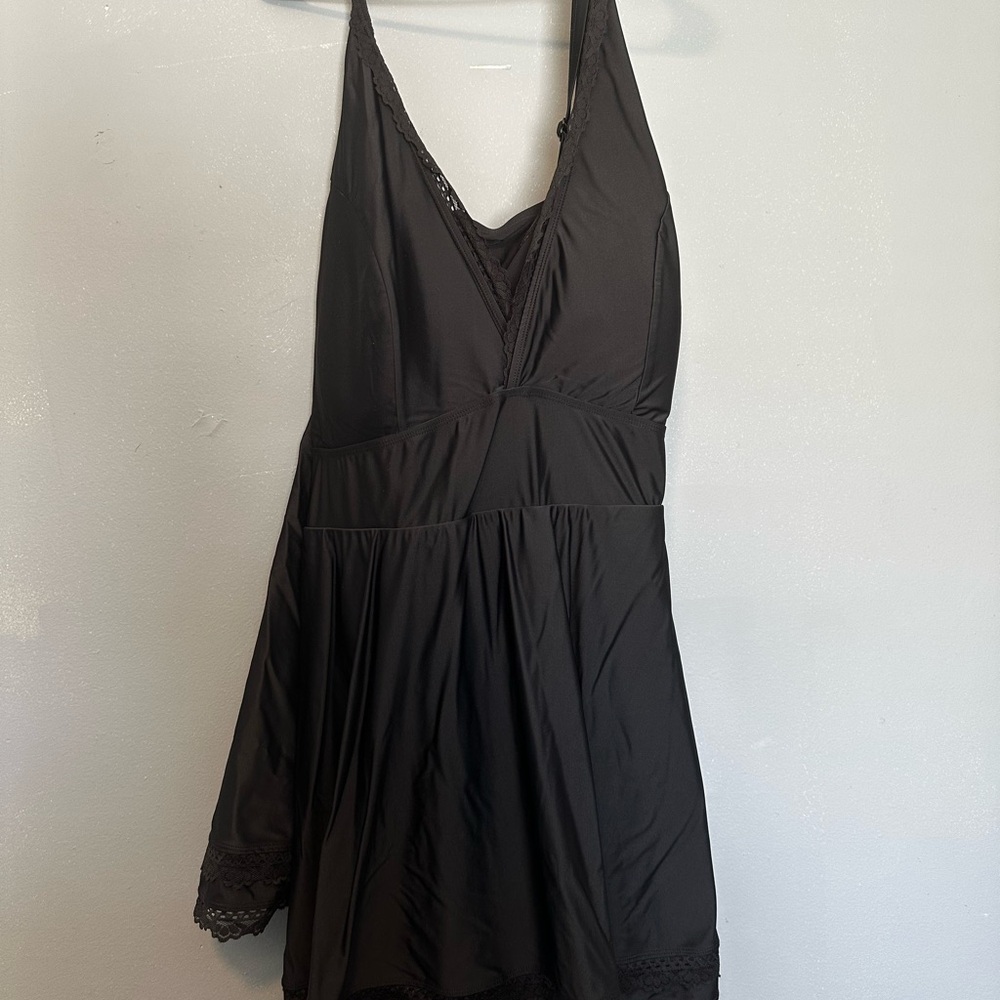 Black V-Neck bathing suit dress with Lace Trim